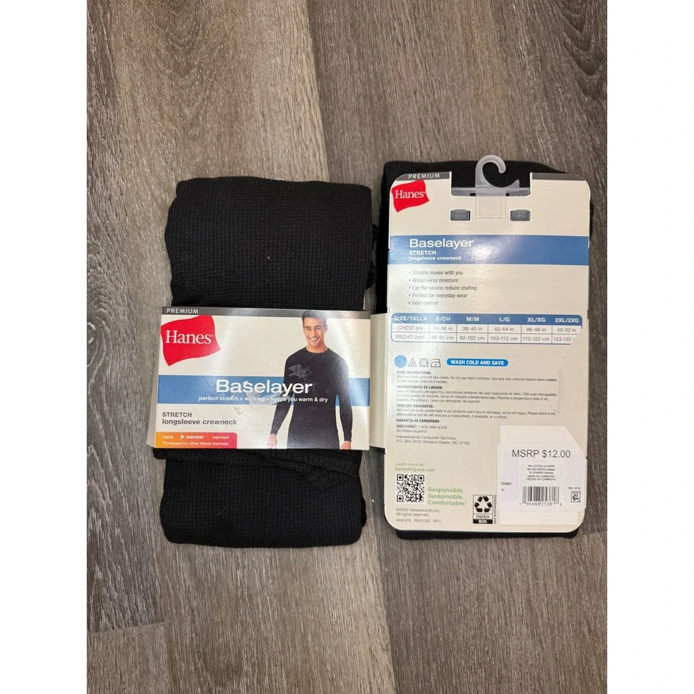 Hanes Premium Mens Baselayer Set of 2 Black Waffle Long Sleeve Crewneck XL New